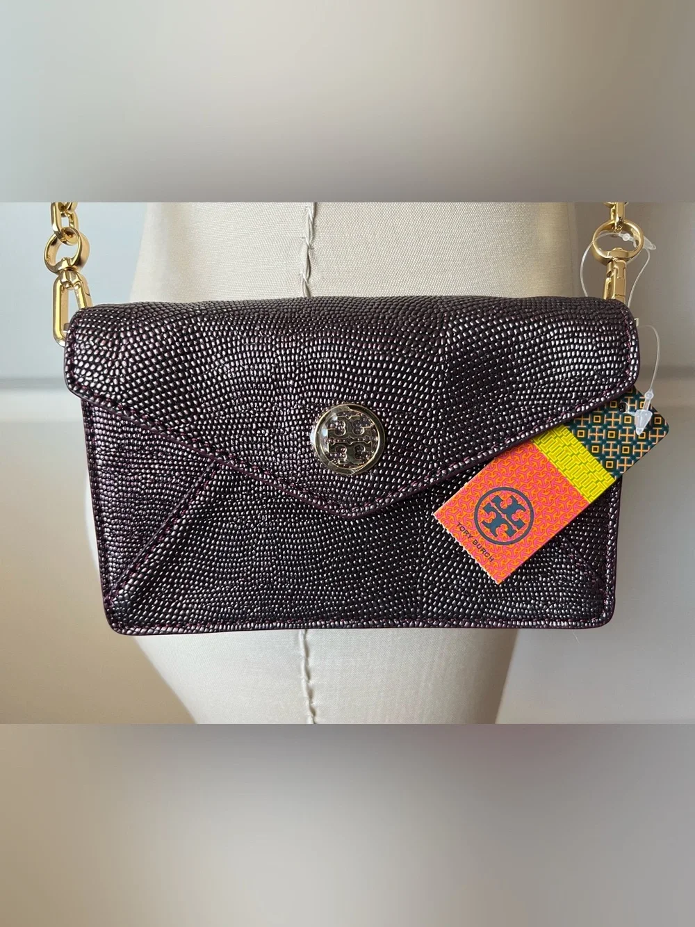 New Tory Burch Envelope Crossbody Bag in Dark Plum with Gold Chain